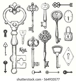 Vector set of hand-drawn antique keys. Illustration in sketch style on white background. Old design