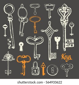 Vector set of hand-drawn antique keys. Illustration in sketch style on black background. Old design