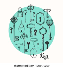 Vector set of hand-drawn antique keys. Illustration in sketch style on white background. Old design
