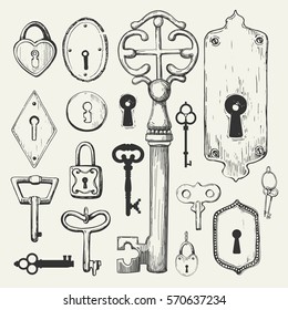 Vector set of hand-drawn antique keys. Illustration in sketch style on white background. Old design