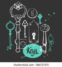 Vector set of hand-drawn antique keys. Illustration in sketch style on black background. Old design