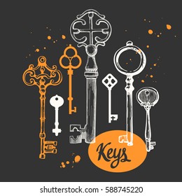 Vector set of hand-drawn antique keys. Illustration in sketch style on black background. Old design