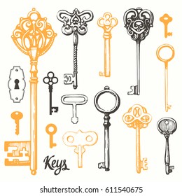 Vector set of hand-drawn antique keys. Illustration in sketch style on white background. Old design