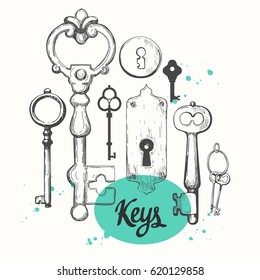 Vector set of hand-drawn antique keys. Illustration in sketch style on white background. Old design