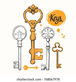 Vector set of hand-drawn antique keys. Illustration in sketch style on white background. Old design