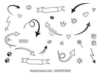 Conjunto vetorial de setas pretas desenhadas à mão. Banner fita, coroa, lábios, bolhas, impressões de pata, pirulito, estrelas, corações. Design de vetor plano de setas e engraçado mão desenhado coisas para uso do site ou da impressão