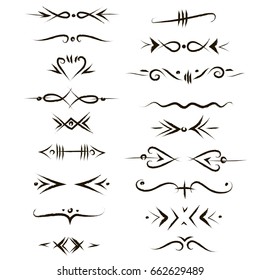 Vector set of hand-drawn black dividers, borders in vintage style.