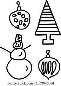 Vector set of hand-drawn black and white Christmas silhouettes with fir tree, gifts, snowman isolated on white background