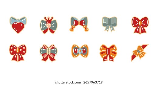 Conjunto vetorial de Mão-desenhado arco ícone pack em vintage estilo cartoon. Ícones de arcos no esquema de cores retro encantador. Perfeito para adesivos, design infantil, embalagem, scrapbooking e clipart.