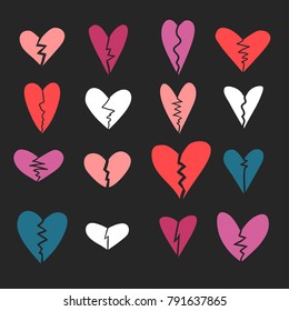 Vector set of hand-drawn broken hearts.