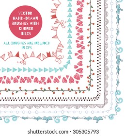 Vector Set Of Handdrawn Brushes. Seamless Pattern For Frame, Border, Banner, Card, Wedding Template, Invitation Etc. With Elements Of Cherry, Boat, Flag Garland, Heart. Brushes Are Included In Eps.