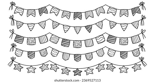 Vektorset von handgezeichneten Jagdfahnen. Doodle Garland mit Linien, Wellen Linie, Polka Dots. Ideal für Feiertagsdekorationen.
