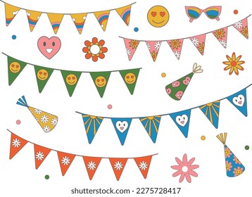 Conjunto vectorial de guirnaldas, sombreros de fiesta, flores de estilo moderno y elegante. 