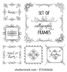 Vector set of hand-drawn calligraphic frames. Vintage ornaments, design elements, flourishes, ornamental page decorations and dividers. Can be used for invitations, congratulations and cards.