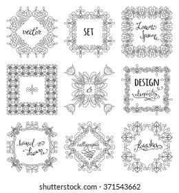 Vector set of hand-drawn calligraphic frames. Vintage linear ornaments, design elements, flourishes, ornamental page decorations and dividers. Can be used for invitations, congratulations and cards.