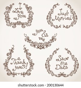 Vector set of hand-drawn calligraphic vintage wreathes. Decorative elements with text isolated on light paper background. Retro design.