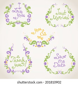 Vector set of hand-drawn calligraphic vintage wreathes. Decorative elements with text on light background. Retro design.