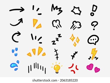 Vector set of hand-drawn cartoony expression sign doodle, curve directional arrows, emoticon effects design elements, cartoon character emotion symbols, cute decorative brush stroke lines. - Shutterstock ID 2063185220