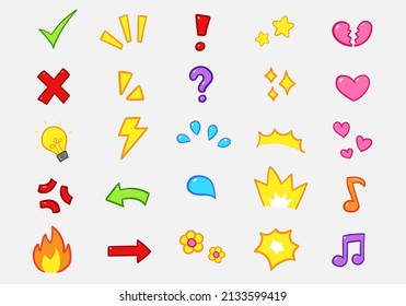 Vector set of hand-drawn cartoony expression sign doodle, directional arrows, emoticon effects design elements, cartoon character emotion symbols, cute decorative drawing.