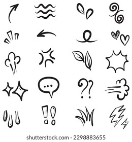 Vektorset von handgezeichneten Karikaturen-Ausdrucksschild doodle, Kurvenlinienpfeile, Design-Elemente für Emotionseffekte, Emotionssymbole von Cartoons, süße dekorative Pinselstriche.