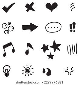 Vector set of hand-drawn cartoony expression sign doodle, curve directional arrows, emoticon effects design elements, cartoon character emotion symbols, cute decorative brush stroke lines.