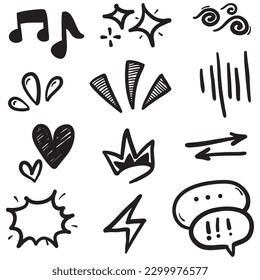 Vector set of hand-drawn cartoony expression sign doodle, curve directional arrows, emoticon effects design elements, cartoon character emotion symbols, cute decorative brush stroke lines.