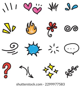 Vector set of hand-drawn cartoony expression sign doodle, curve directional arrows, emoticon effects design elements, cartoon character emotion symbols, cute decorative brush stroke lines.