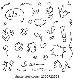 Vector set of hand-drawn cartoony expression sign doodle, curve directional arrows, emoticon effects design elements, cartoon character emotion symbols, cute decorative brush stroke lines.