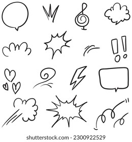 Vector set of hand-drawn cartoony expression sign doodle, curve directional arrows, emoticon effects design elements, cartoon character emotion symbols, cute decorative brush stroke lines.