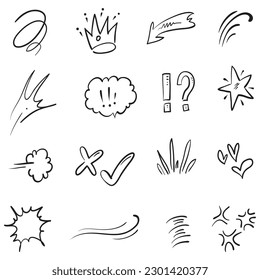 Vector set of hand-drawn cartoony expression sign doodle, curve directional arrows, emoticon effects design elements, cartoon character emotion symbols, cute decorative brush stroke lines.