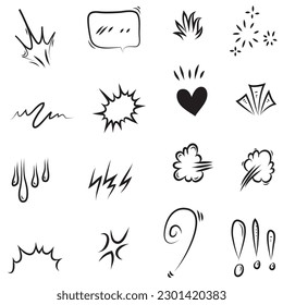 Vector set of hand-drawn cartoony expression sign doodle, curve directional arrows, emoticon effects design elements, cartoon character emotion symbols, cute decorative brush stroke lines.