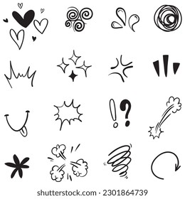 Vector set of hand-drawn cartoony expression sign doodle, curve directional arrows, emoticon effects design elements, cartoon character emotion symbols, cute decorative brush stroke lines.