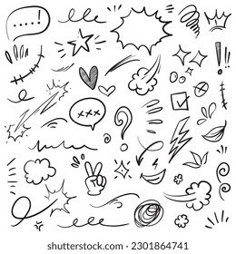 Vector set of hand-drawn cartoony expression sign doodle, curve directional arrows, emoticon effects design elements, cartoon character emotion symbols, cute decorative brush stroke lines.