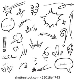 Vector set of hand-drawn cartoony expression sign doodle, curve directional arrows, emoticon effects design elements, cartoon character emotion symbols, cute decorative brush stroke lines.