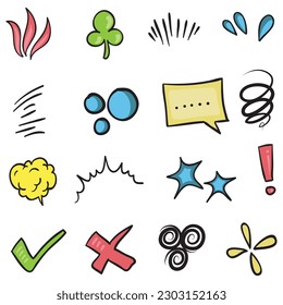 Vector set of hand-drawn cartoony expression sign doodle, curve directional arrows, emoticon effects design elements, cartoon character emotion symbols, cute decorative brush stroke lines.