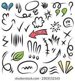 Vector set of hand-drawn cartoony expression sign doodle, curve directional arrows, emoticon effects design elements, cartoon character emotion symbols, cute decorative brush stroke lines.