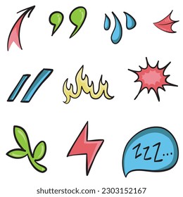 Vector set of hand-drawn cartoony expression sign doodle, curve directional arrows, emoticon effects design elements, cartoon character emotion symbols, cute decorative brush stroke lines.