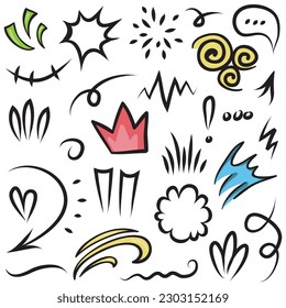 Vector set of hand-drawn cartoony expression sign doodle, curve directional arrows, emoticon effects design elements, cartoon character emotion symbols, cute decorative brush stroke lines.