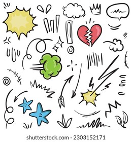 Vector set of hand-drawn cartoony expression sign doodle, curve directional arrows, emoticon effects design elements, cartoon character emotion symbols, cute decorative brush stroke lines.