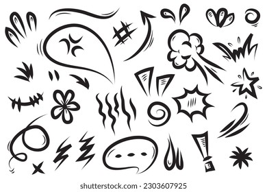 Vector set of hand-drawn cartoony expression sign doodle, curve directional arrows, emoticon effects design elements, cartoon character emotion symbols, cute decorative brush stroke lines.