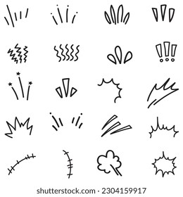 Vector set of hand-drawn cartoony expression sign doodle, curve directional arrows, emoticon effects design elements, cartoon character emotion symbols, cute decorative brush stroke lines.