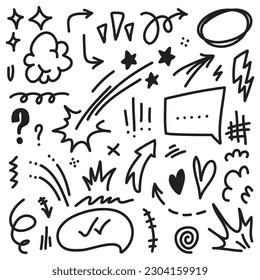 Vector set of hand-drawn cartoony expression sign doodle, curve directional arrows, emoticon effects design elements, cartoon character emotion symbols, cute decorative brush stroke lines.