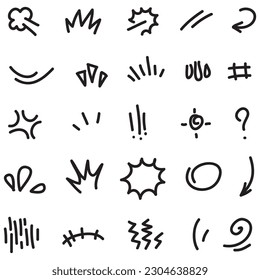 Vector set of hand-drawn cartoony expression sign doodle, curve directional arrows, emoticon effects design elements, cartoon character emotion symbols, cute decorative brush stroke lines.