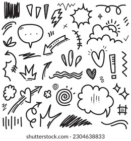 Vector set of hand-drawn cartoony expression sign doodle, curve directional arrows, emoticon effects design elements, cartoon character emotion symbols, cute decorative brush stroke lines.