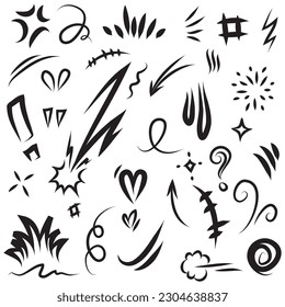 Vector set of hand-drawn cartoony expression sign doodle, curve directional arrows, emoticon effects design elements, cartoon character emotion symbols, cute decorative brush stroke lines.