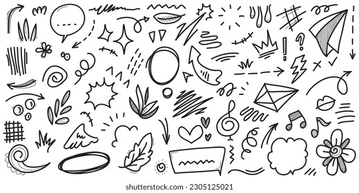 Vector set of hand-drawn cartoony expression sign doodle, curve directional arrows, emoticon effects design elements, cartoon character emotion symbols, cute decorative brush stroke lines.