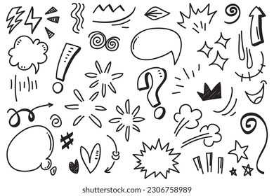 Vector set of hand-drawn cartoony expression sign doodle, curve directional arrows, emoticon effects design elements, cartoon character emotion symbols, cute decorative brush stroke lines.