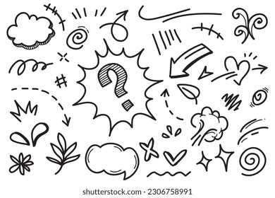 Vector set of hand-drawn cartoony expression sign doodle, curve directional arrows, emoticon effects design elements, cartoon character emotion symbols, cute decorative brush stroke lines.