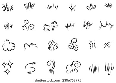 Vector set of hand-drawn cartoony expression sign doodle, curve directional arrows, emoticon effects design elements, cartoon character emotion symbols, cute decorative brush stroke lines.