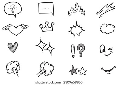 Vector set of hand-drawn cartoony expression sign doodle, curve directional arrows, emoticon effects design elements, cartoon character emotion symbols, cute decorative brush stroke lines.